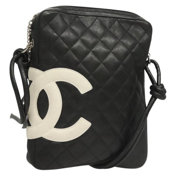 CHANEL Matelasse Cambon Line Shoulder Bag Leather Black Silver CC Auth 131350 - Picture 1 of 16